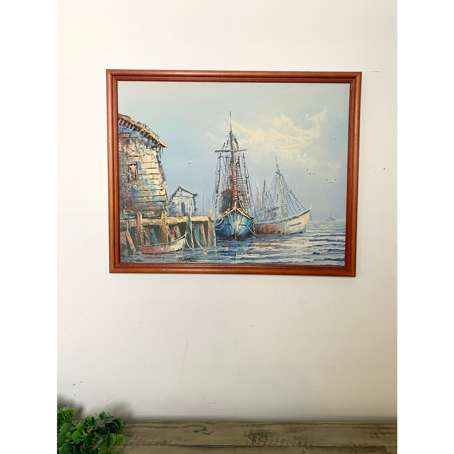 Vintage Oil Painting on Canvas Nautical Art Harbor with Boats Signed Seascape