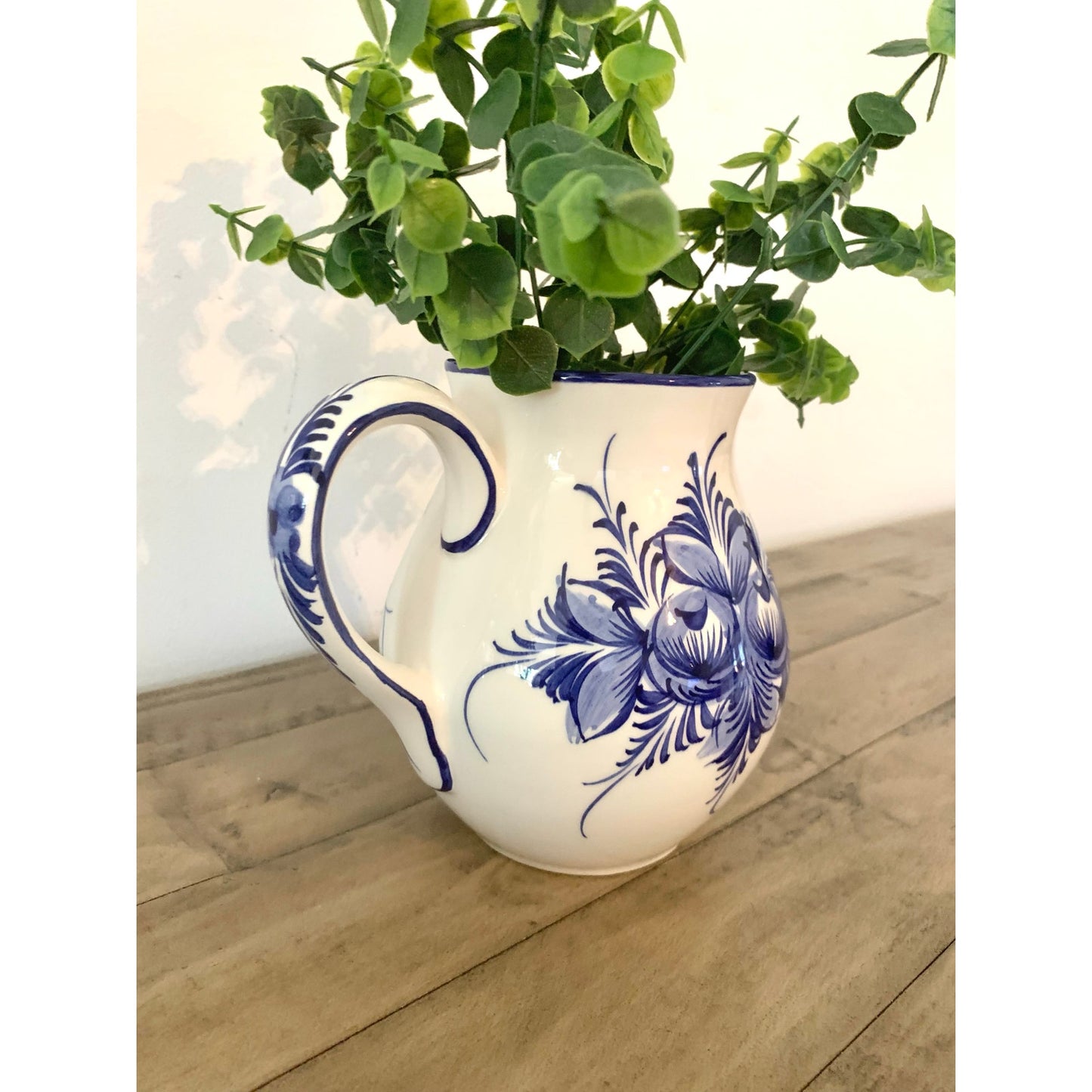 Vintage Blue & White Floral Pitcher Hand Painted Portugal Ceramic Vase Cottage