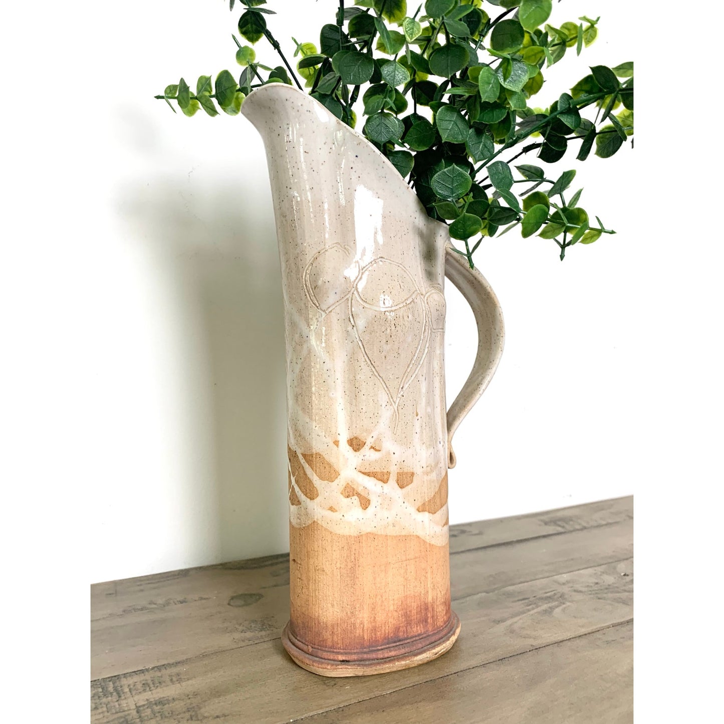 Handmade Artisan Pottery Pitcher Vase, Stoneware Rustic Neutral Glaze, 12.75" H