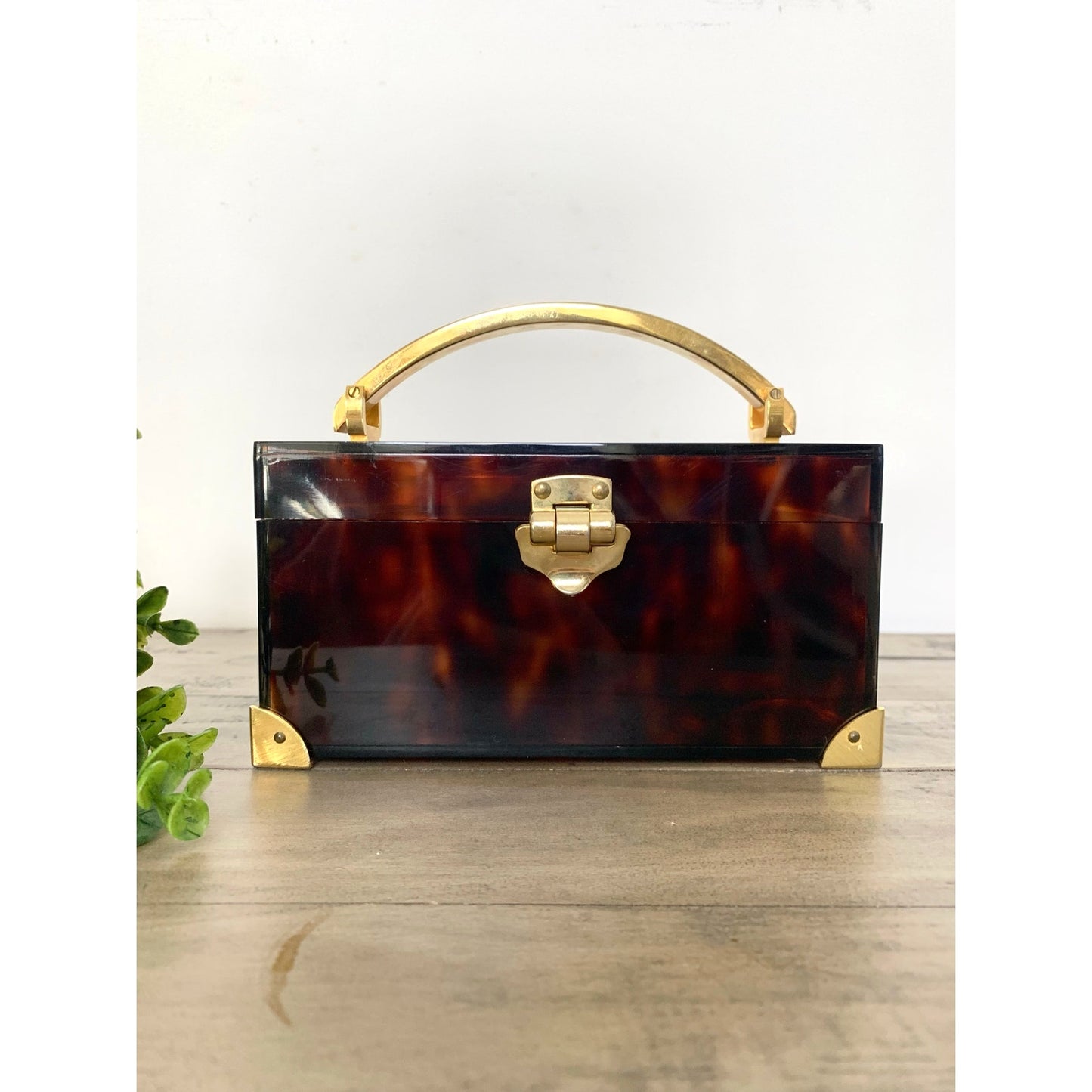 Vintage Saks Fifth Avenue Faux Tortoiseshell Lucite Box Brass Jewelry Storage