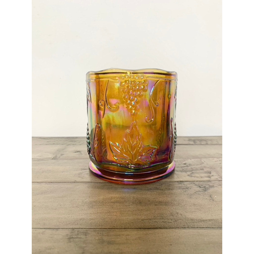 Vintage Iridescent Carnival Glass Votive Holder with Grape & Leaf Motif Marigold