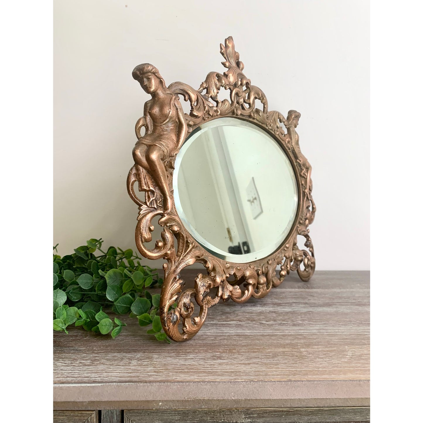 Vintage Art Nouveau Style Cast Iron Vanity Mirror with Kickstand Ornate Figural