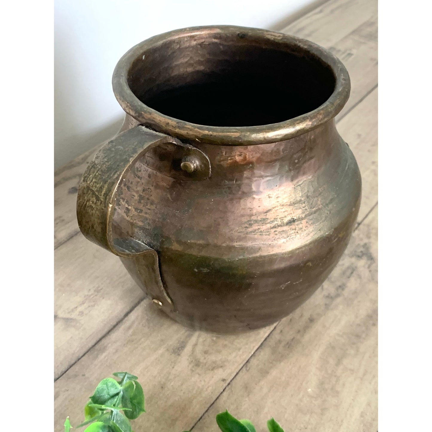 Antique Hand Hammered Copper Pitcher Rustic Farmhouse Patina Primitive Vase Jug