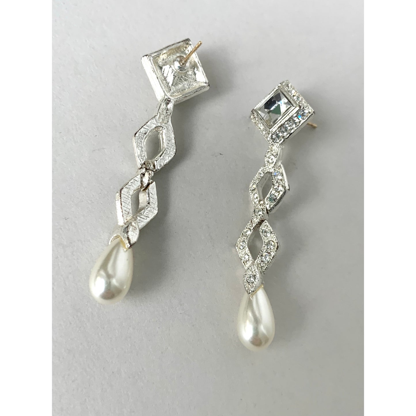 Vintage Silvertone Rhinestone Faux Pearl Drop Earrings Geometric Bridal Dangle