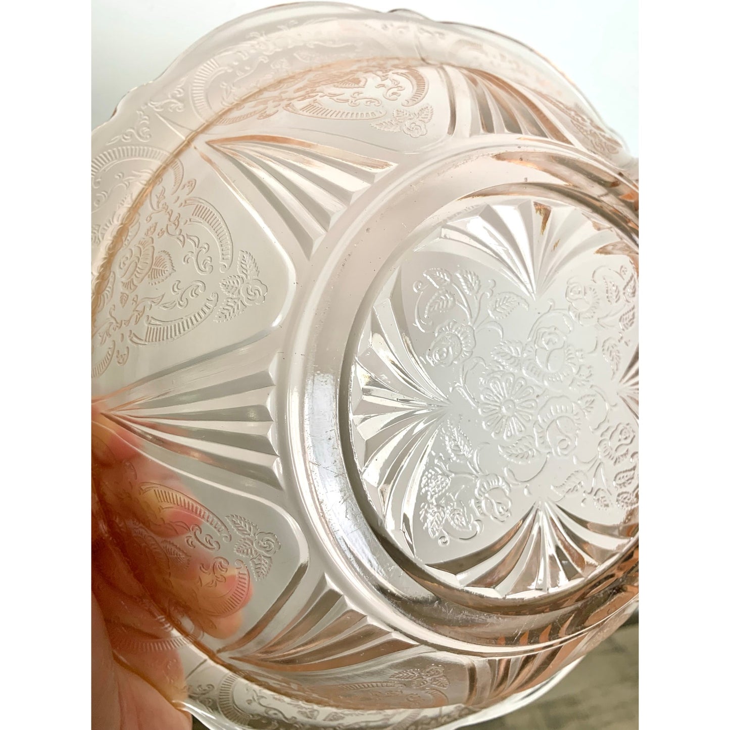Depression Glass Vintage Pink Serving Bowl Floral Pressed Pattern Scalloped Rim
