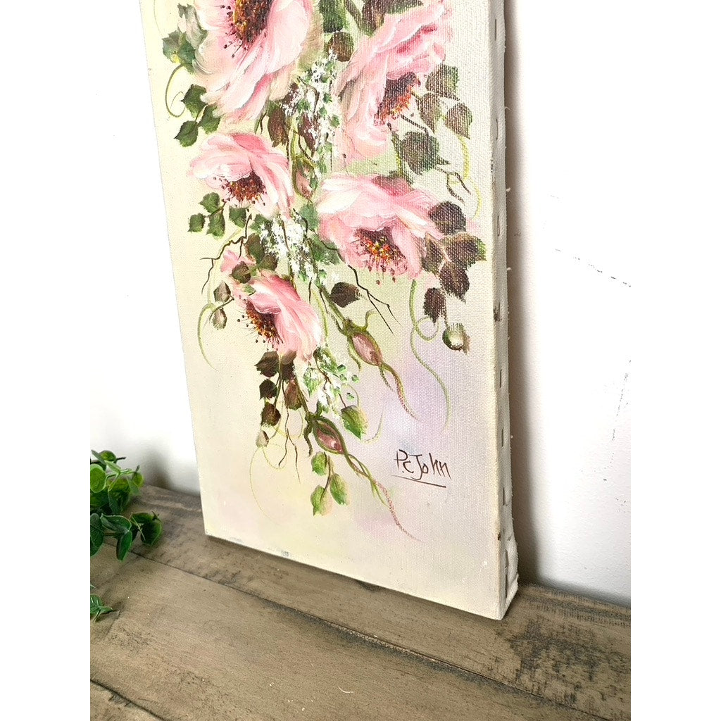 Vintage Floral Oil Painting on Canvas Signed by P. John, 16x8, Pink Floral