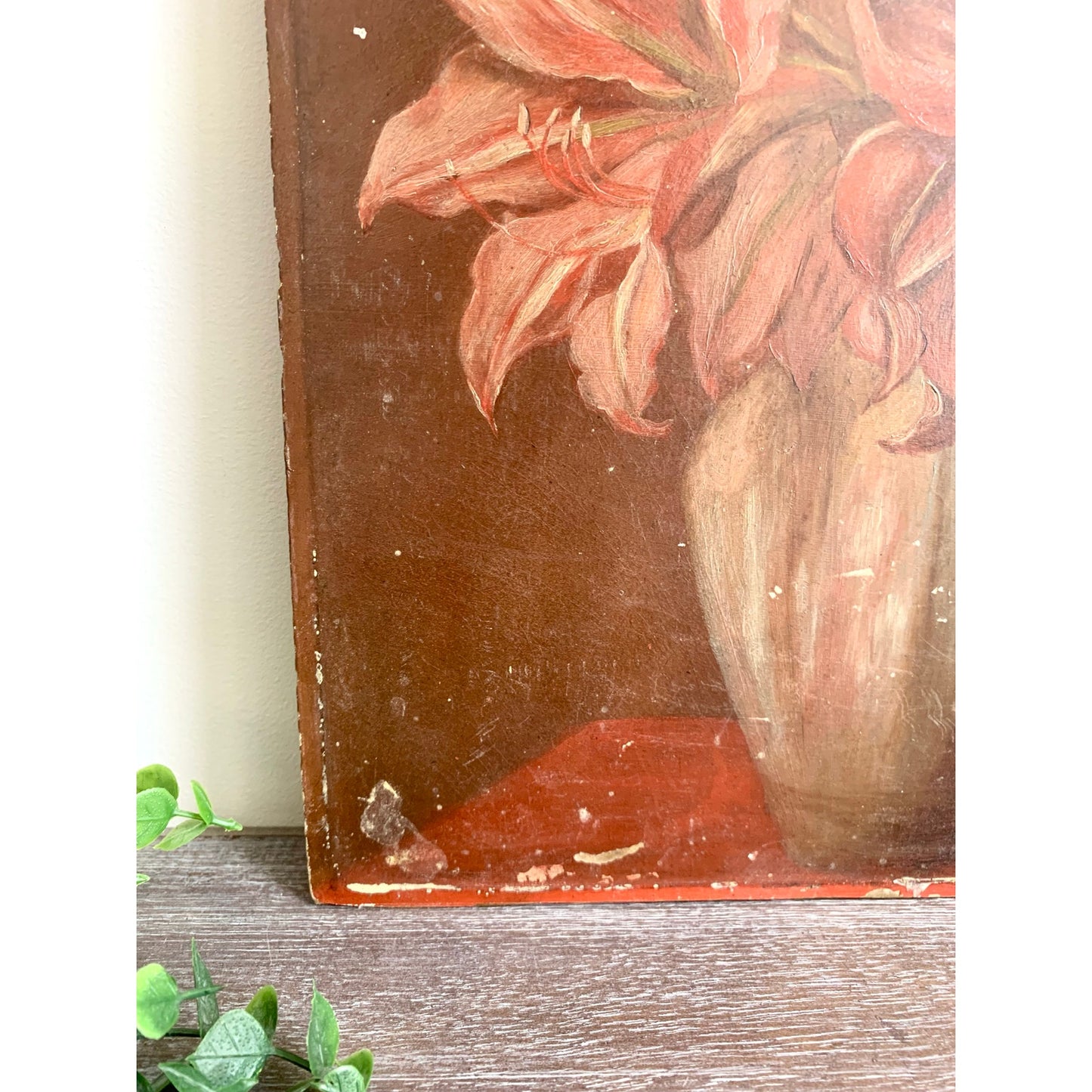 Antique Floral Still Life Oil Painting on Board – Red White Lilies 18” x 11.9” Vintage Art Romantic