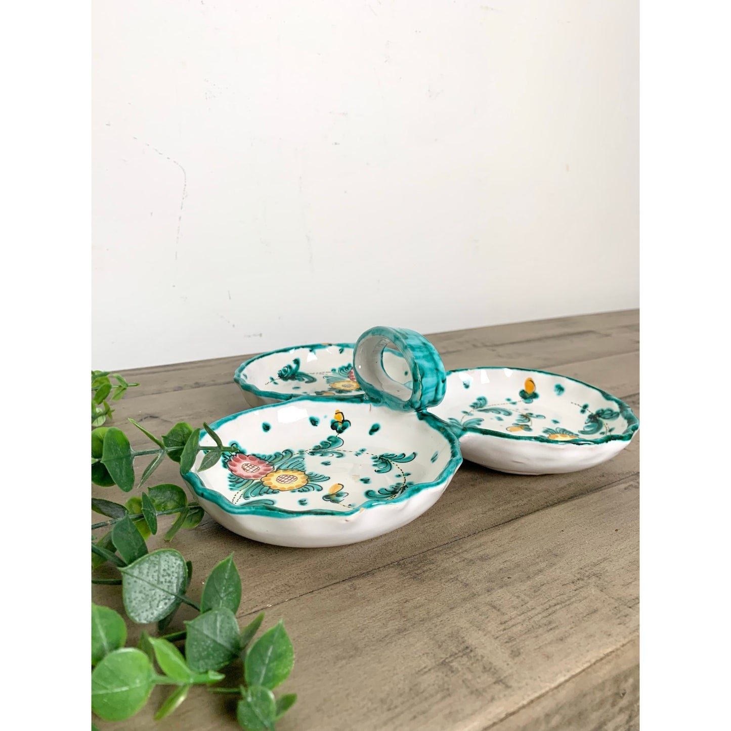 Vintage Hand Painted Italian Pottery Ceramic Serving Dish w Handle Signed Italy