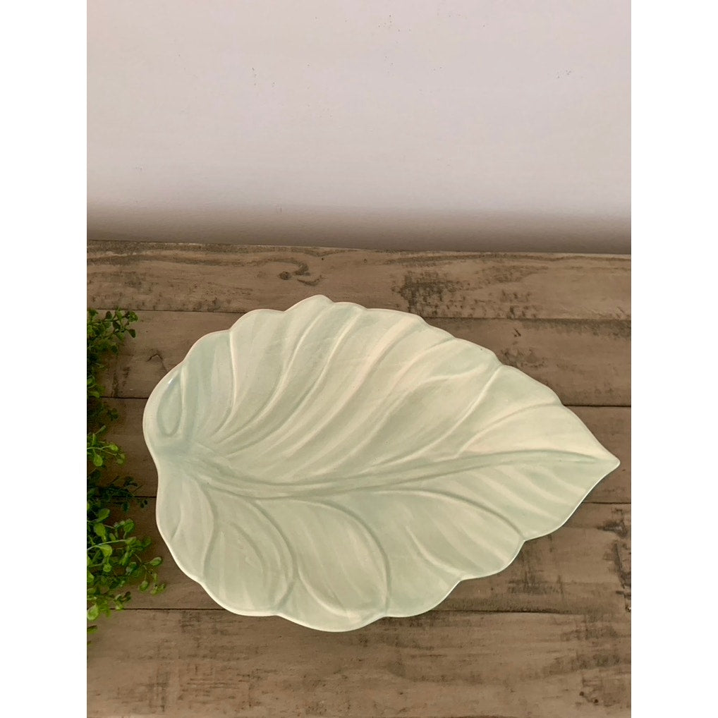 Vintage Royal Haeger Leaf-Shaped Ceramic Platter Tray, Soft Green, 13.625” L