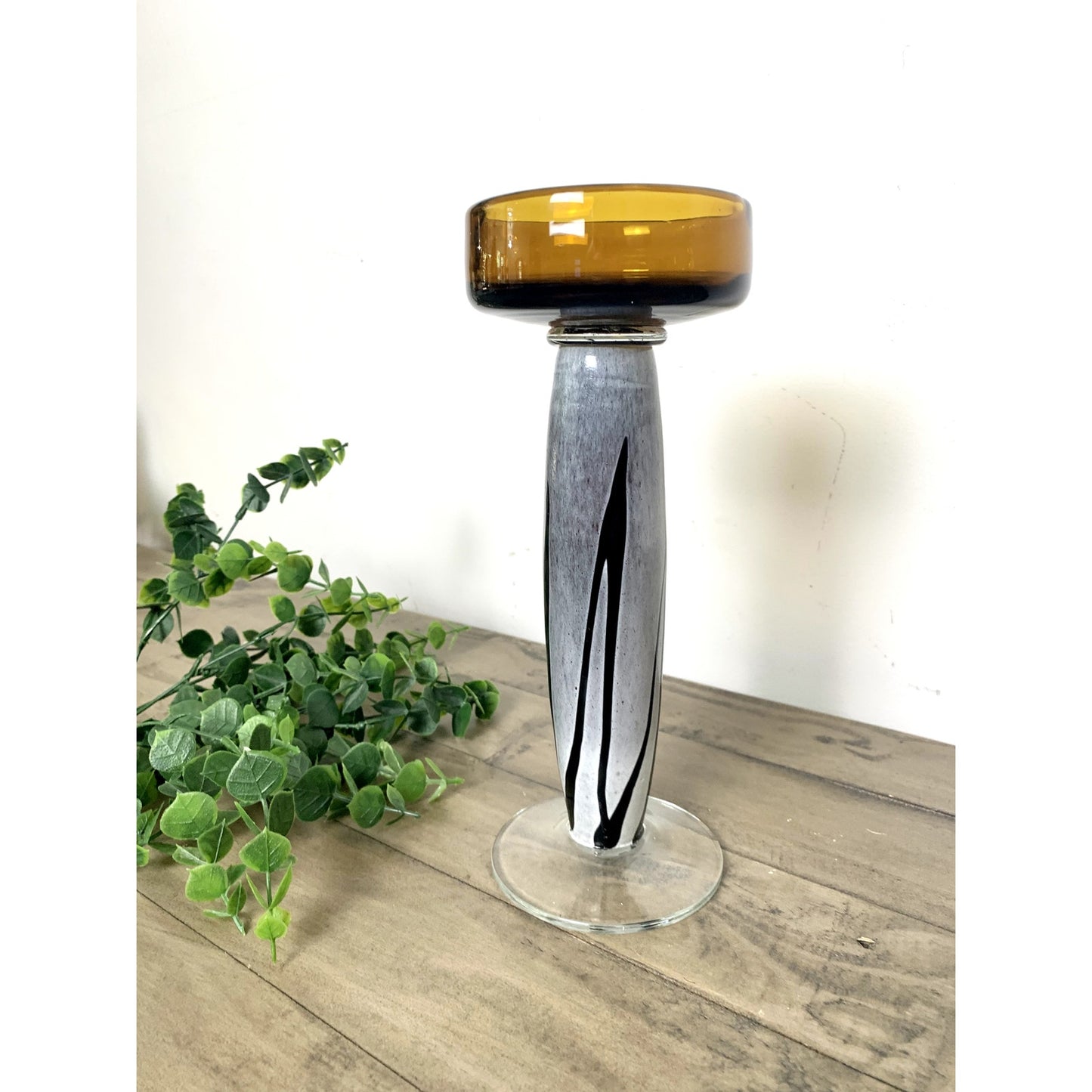 Vintage MCM Art Glass Candle Holder – Amber Glass Pedestal Pillar Candle Retro