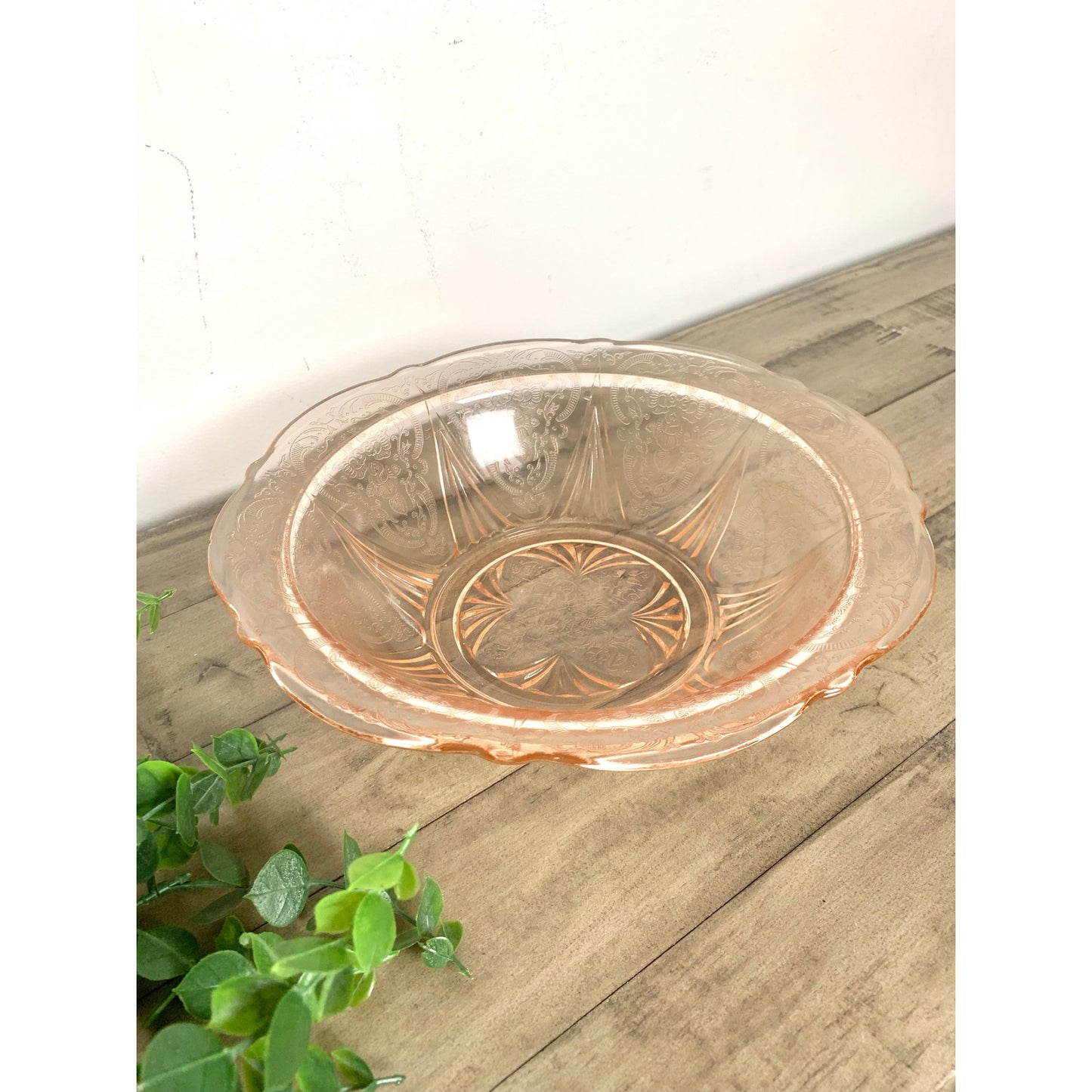 Depression Glass Vintage Pink Serving Bowl Floral Pressed Pattern Scalloped Rim