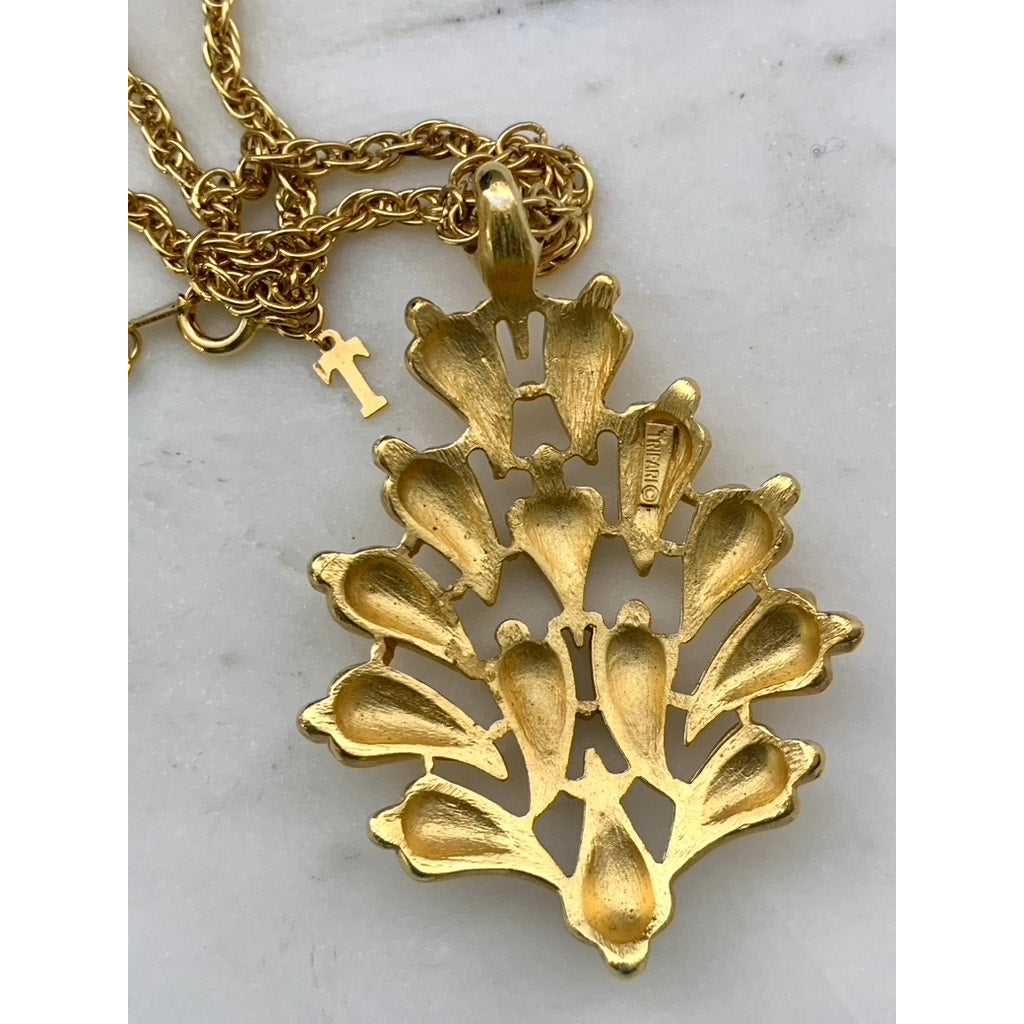 Vintage Trifari Signed Goldtone Leaf Tree Pendant Necklace Retro Fall Statement