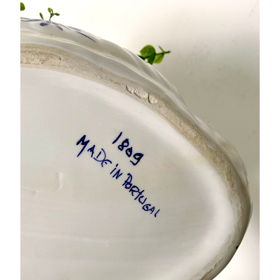 Vintage Portuguese Hand-Painted Ceramic Large Swan Planter Blue & White Cottage