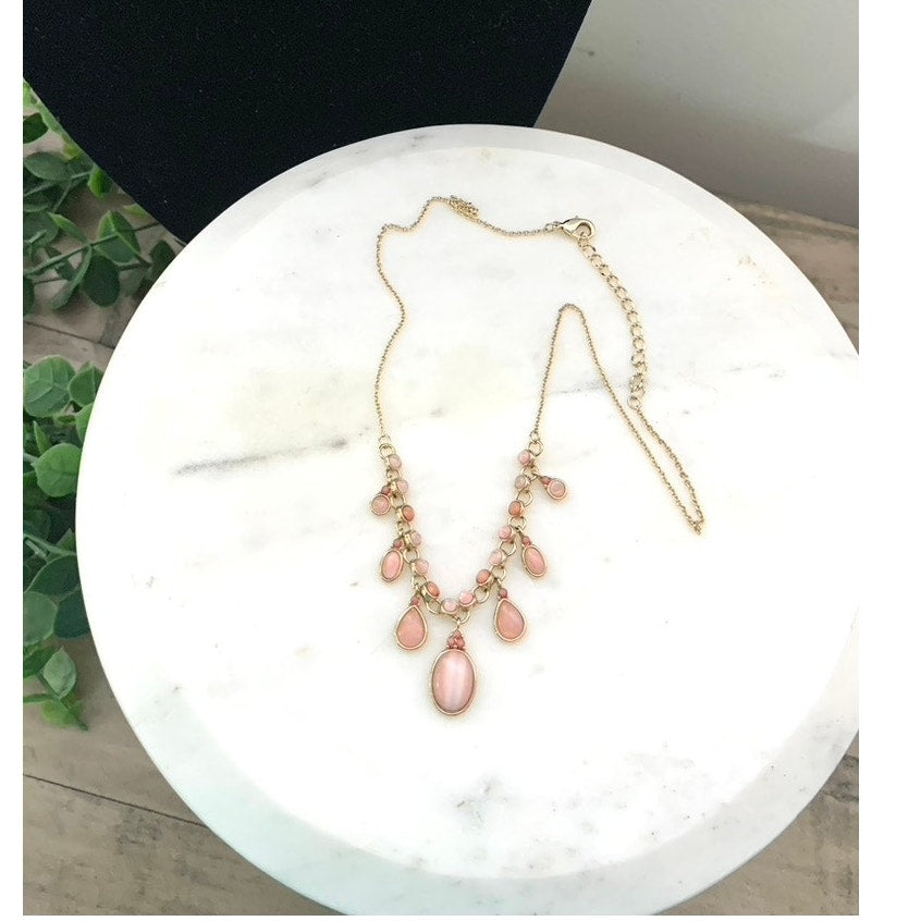 Goldtone Fashion Necklace Two-Tone Pink Stones Adjustable 16”–18.25” Feminine