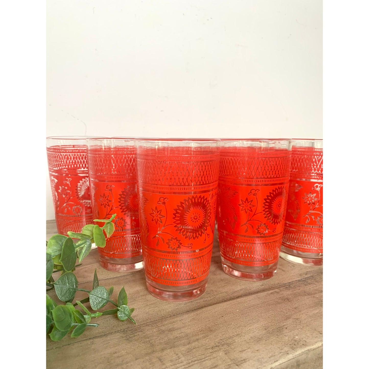 Vintage Mid Century Barware Glasses 12pc Retro Floral Red Drinkware Boho Cottage