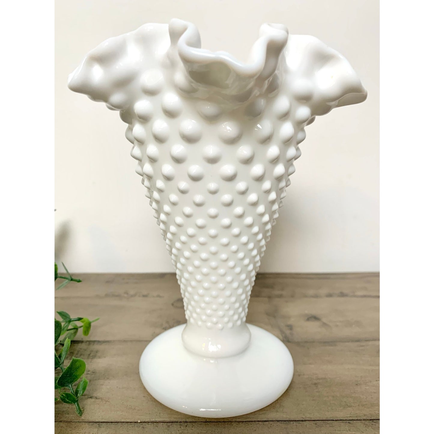 Vintage Fenton Hobnail Milk Glass Vase with Fluted Rim – White Pedestal Vase