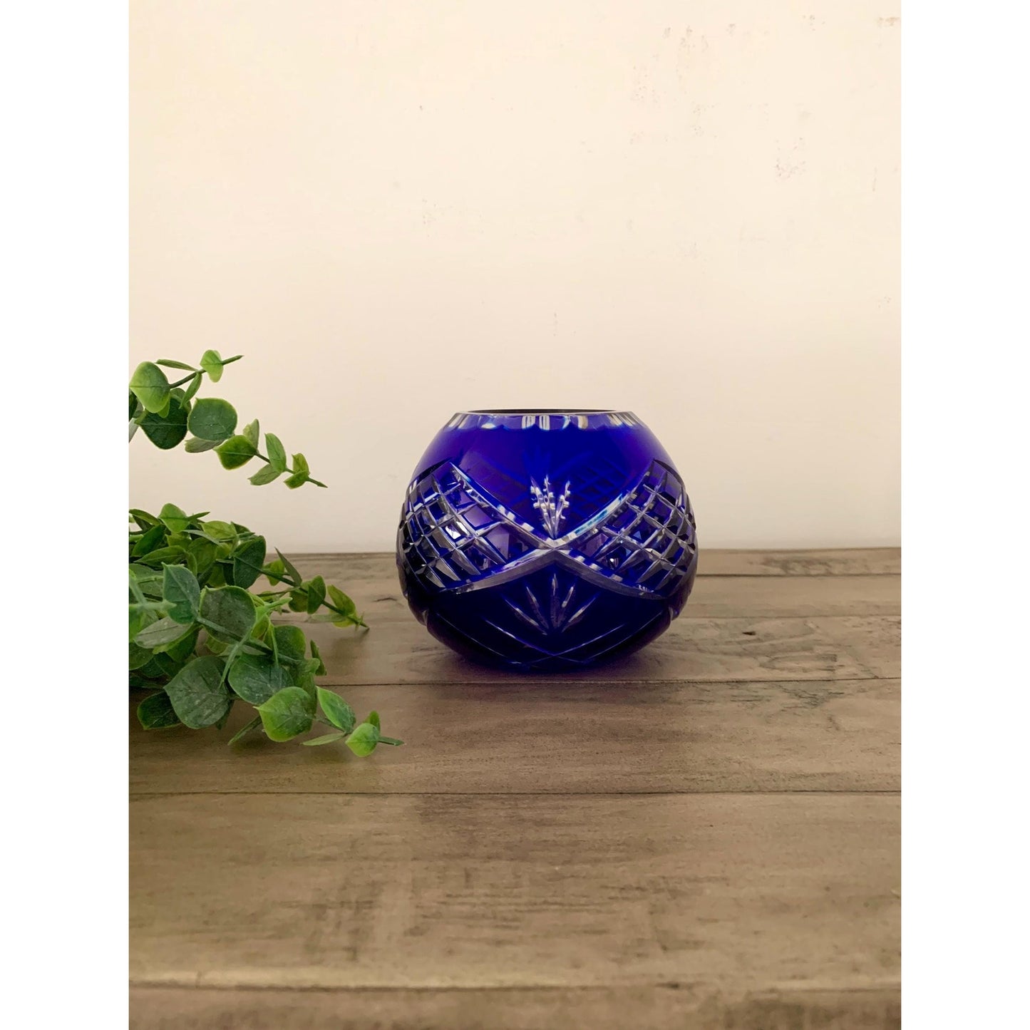 Vintage Cobalt Blue Cut to Clear Crystal Candle Votive Vase