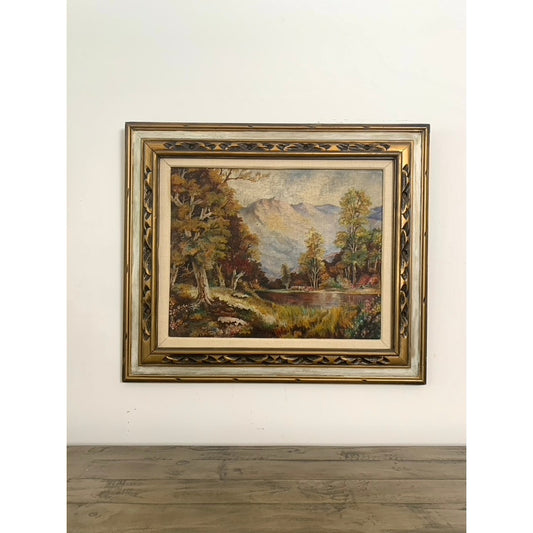 Vintage Framed Landscape Oil Painting Signed & Linen-Matted Cottagecore