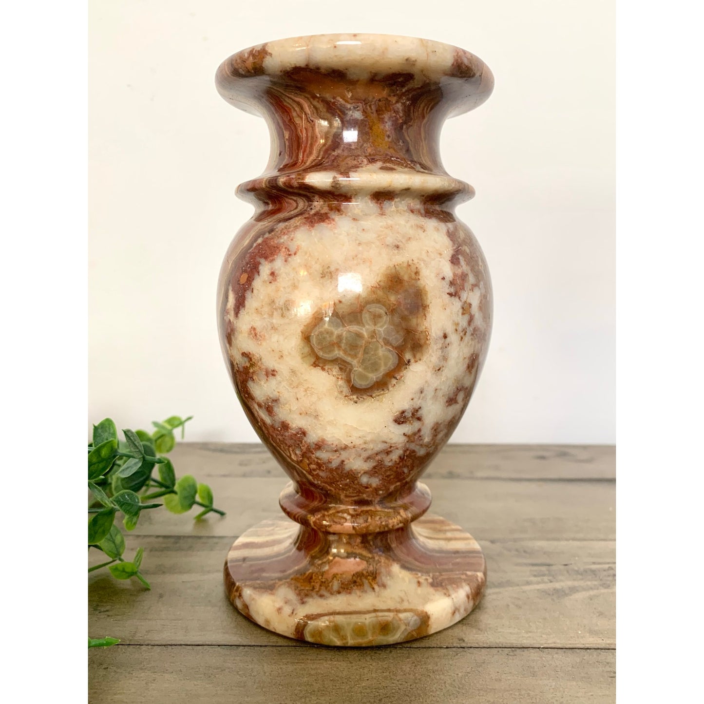 Vintage Polished Onyx Stone Vase Natural Striped Marble Pattern Earthy Boho Urn