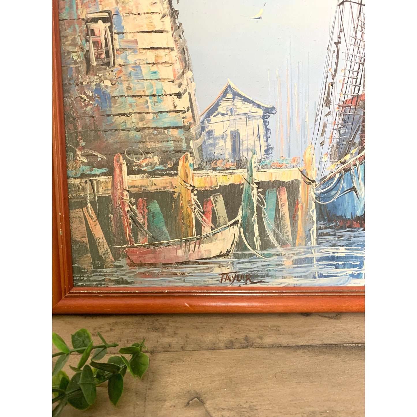 Vintage Oil Painting on Canvas Nautical Art Harbor with Boats Signed Seascape