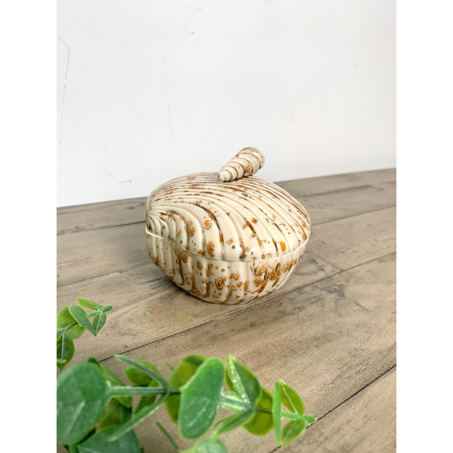 Vintage 1982 Scioto Ceramics Shell Lidded Trinket Dish Box Coastal Beach Cottage