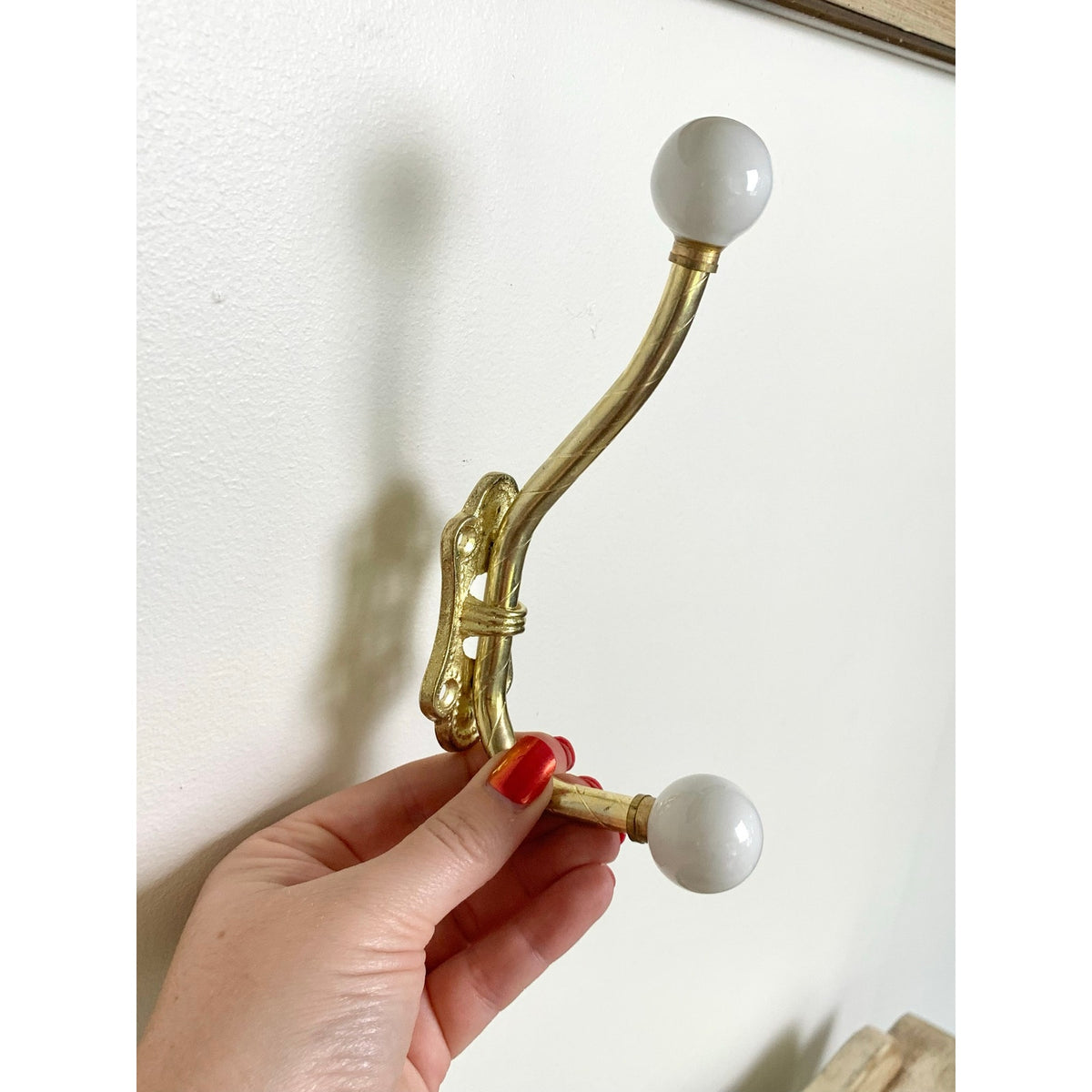 Vintage Brass Double Wall Hook White Porcelain Knobs Coat Rack Hardware