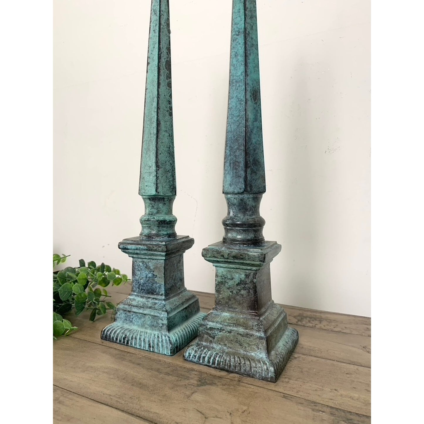 Verdigris Tall Metal Obelisk Finial Sculptures Pair Old Money Distressed 18.25 H