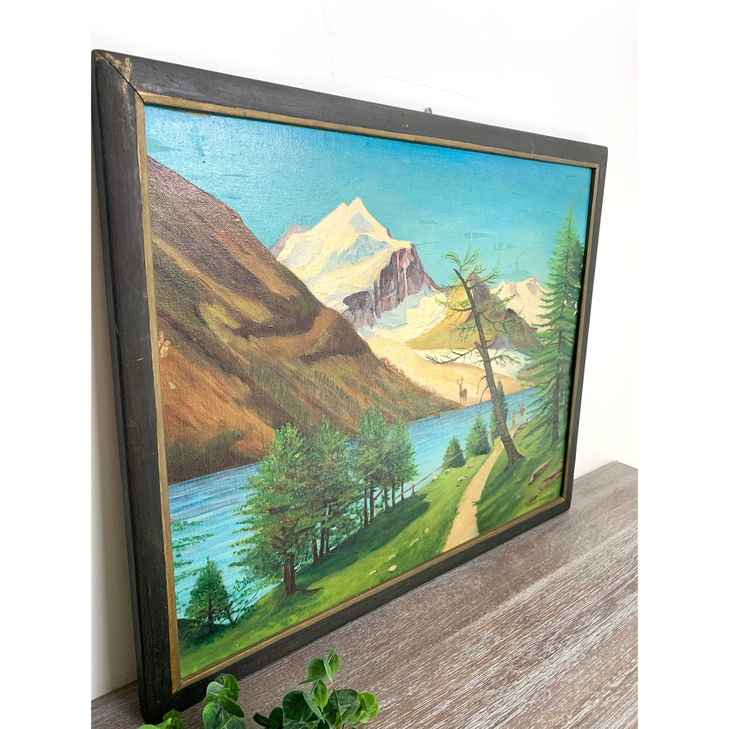 Vintage Alpine Landscape Oil Painting Signed Framed Mountain Lake Nature Cottage