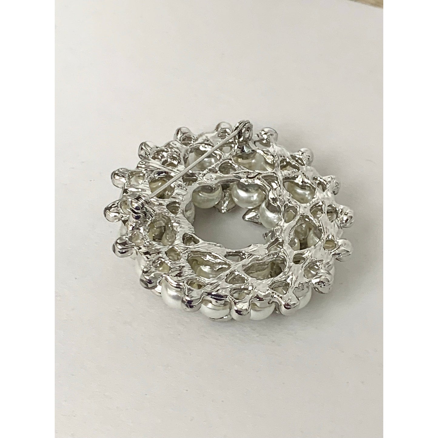 Vintage Faux Pearl and Rhinestone Wreath Brooch Classic Circle Pin Elegant Jewelry