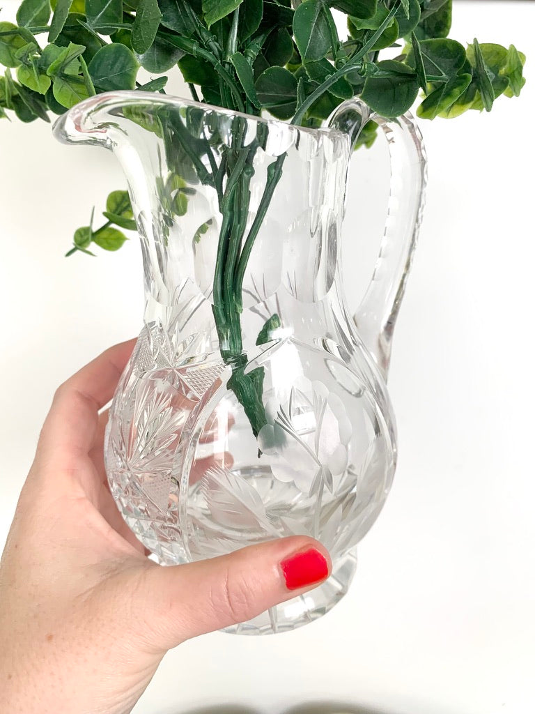 Vintage Cut Crystal Pitcher Vase - Etched Flower