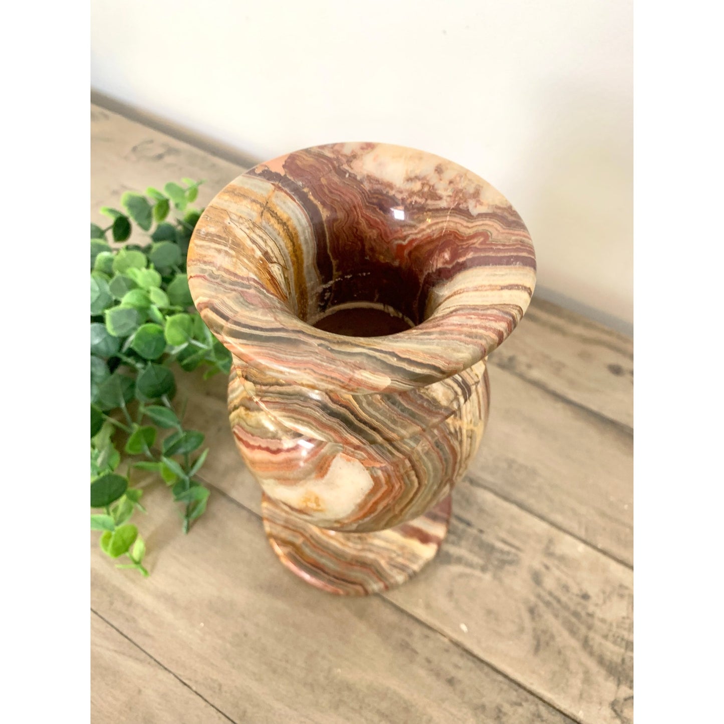 Vintage Polished Onyx Stone Vase Natural Striped Marble Pattern Earthy Boho Urn