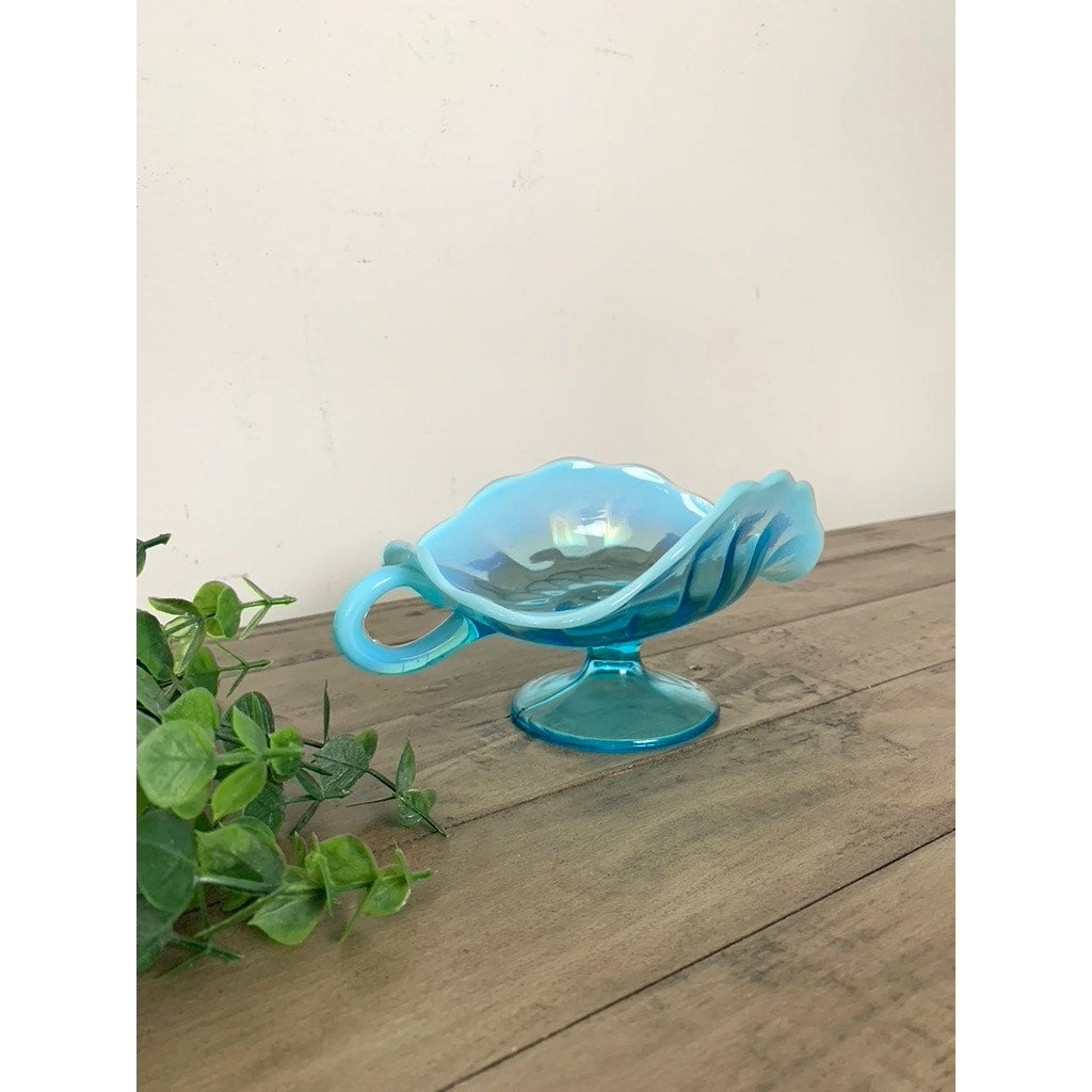 Vintage Dugan Opalescent Blue Glass Nappy Dish Aqua Pedestal Bowl Cottage Boho