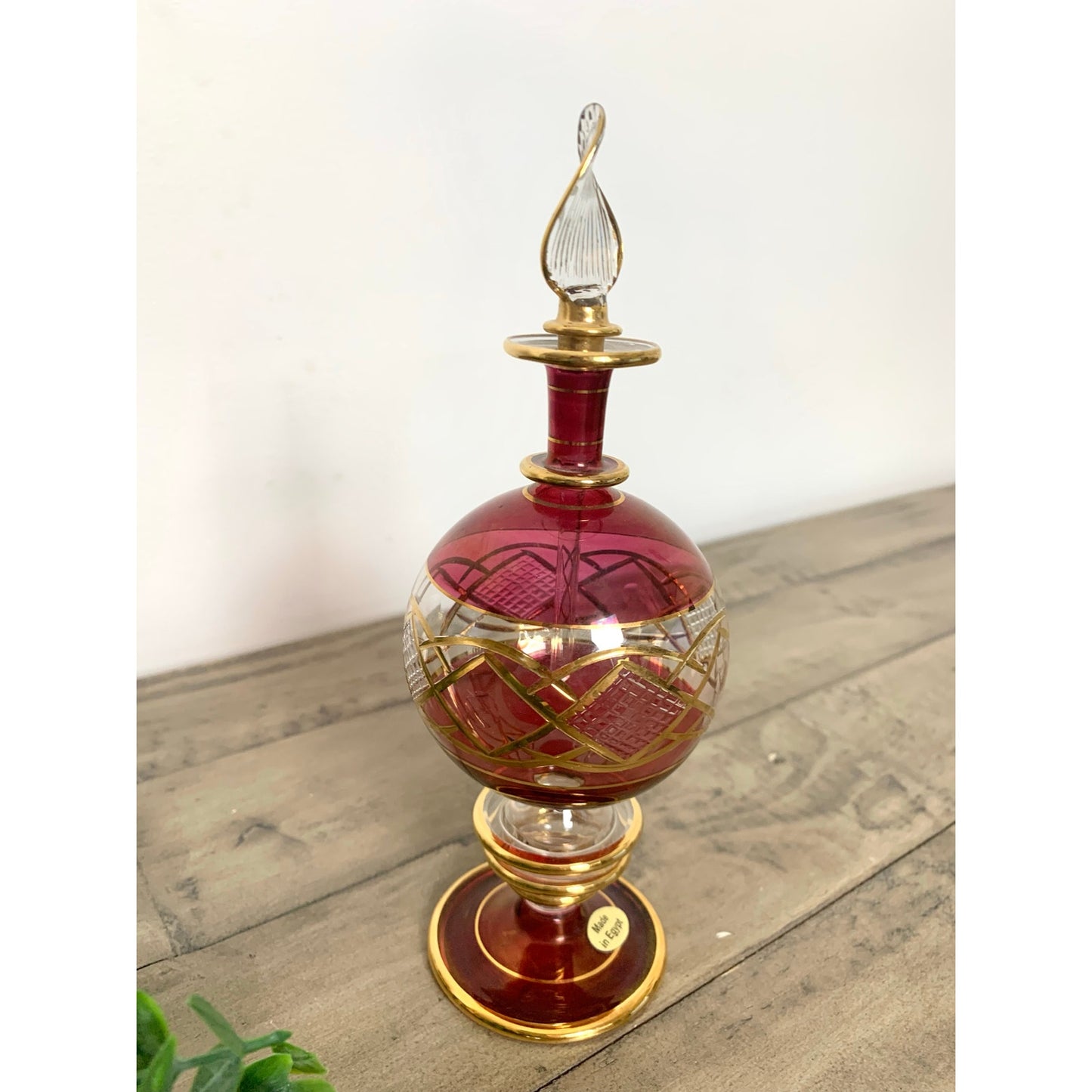 Vintage Egyptian Ruby Red Gold Hand Blown Glass Perfume Bottle Vanity Regency