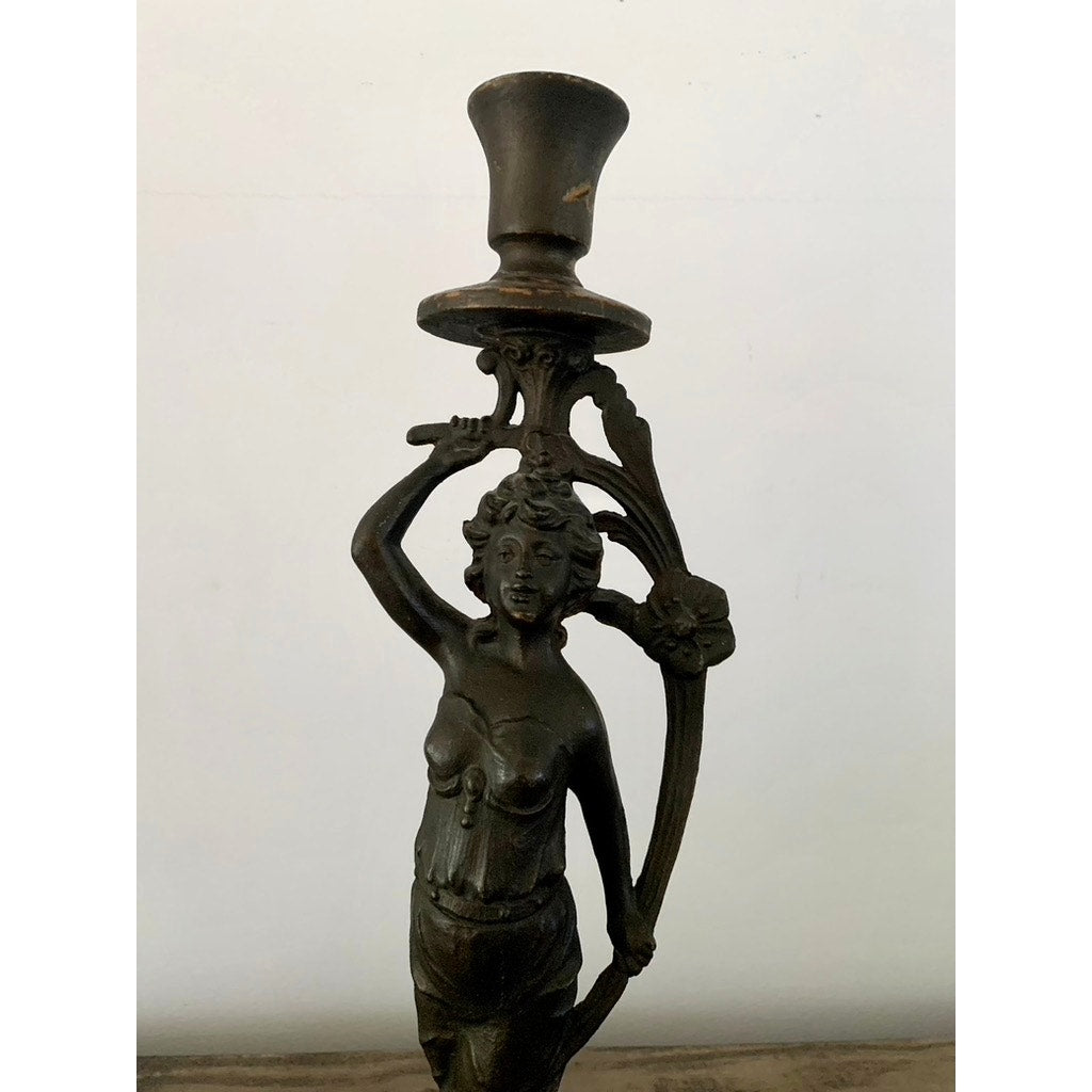 Antique Art Nouveau Bronze Lady Figure Candelabra Statue Romantic Dark Old Money