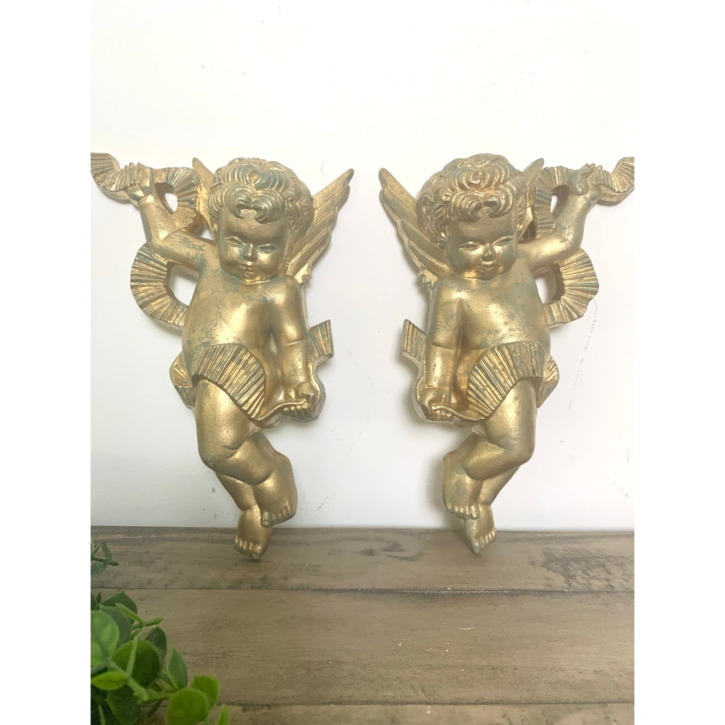 Vintage 1970 Burwood Co Cherub Angel Wall Plaques – Gold & Verdi Accents