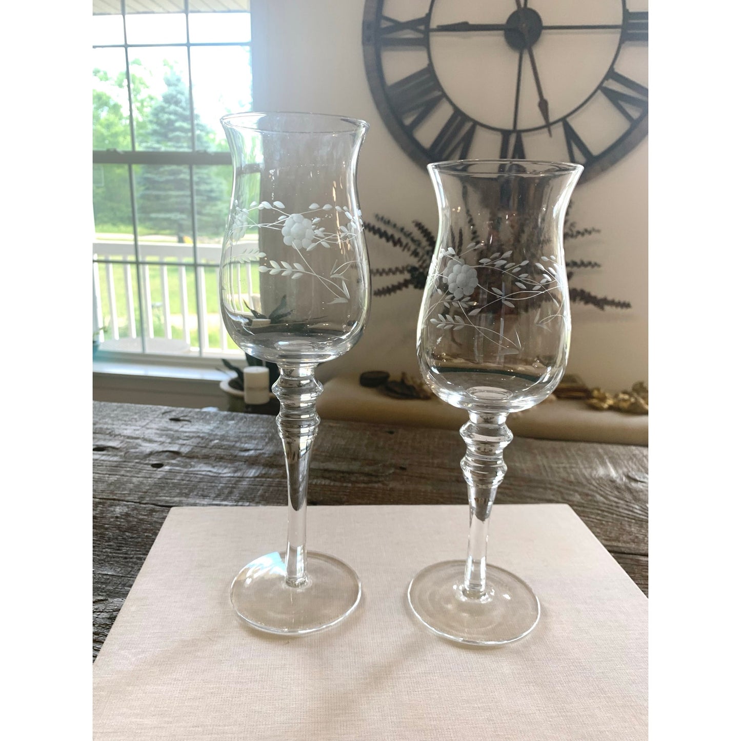 Vintage Princess House Etched Glass Hurricane Candle Holders – Floral Design, Set of 2