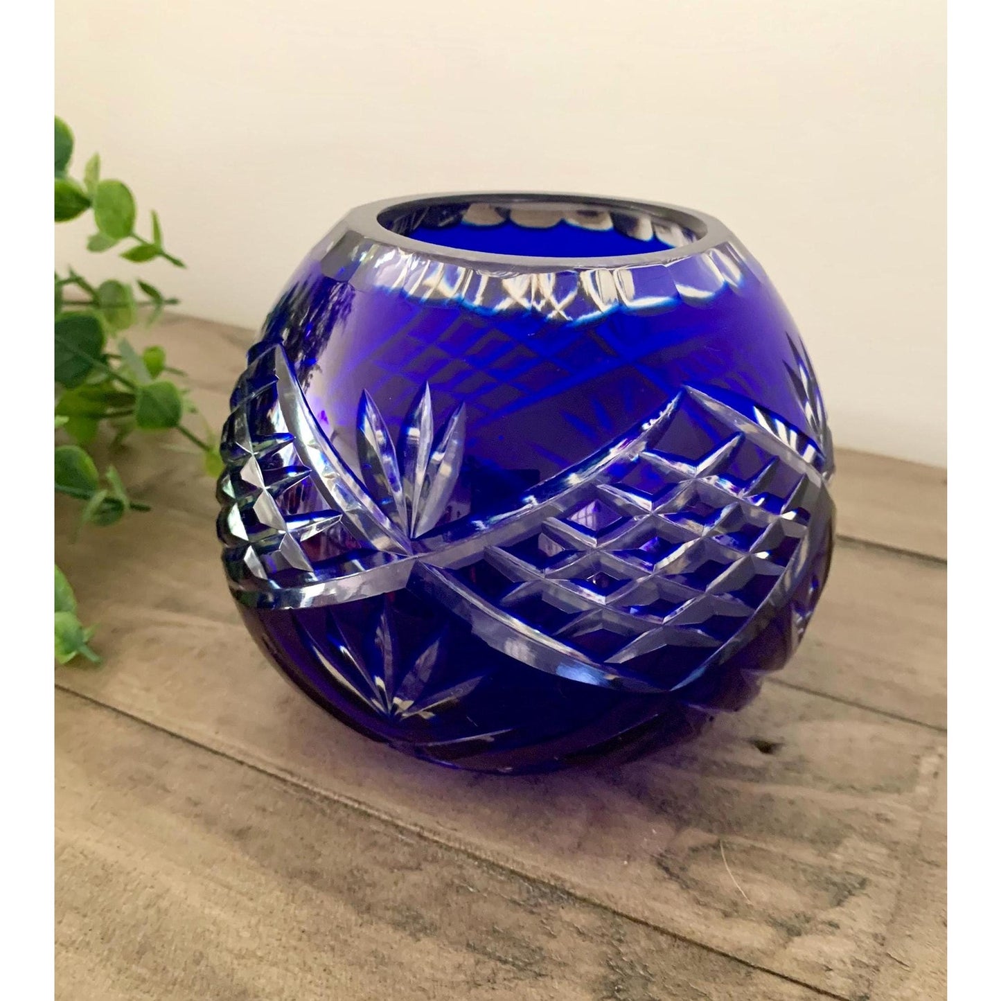 Vintage Cobalt Blue Cut to Clear Crystal Candle Votive Vase