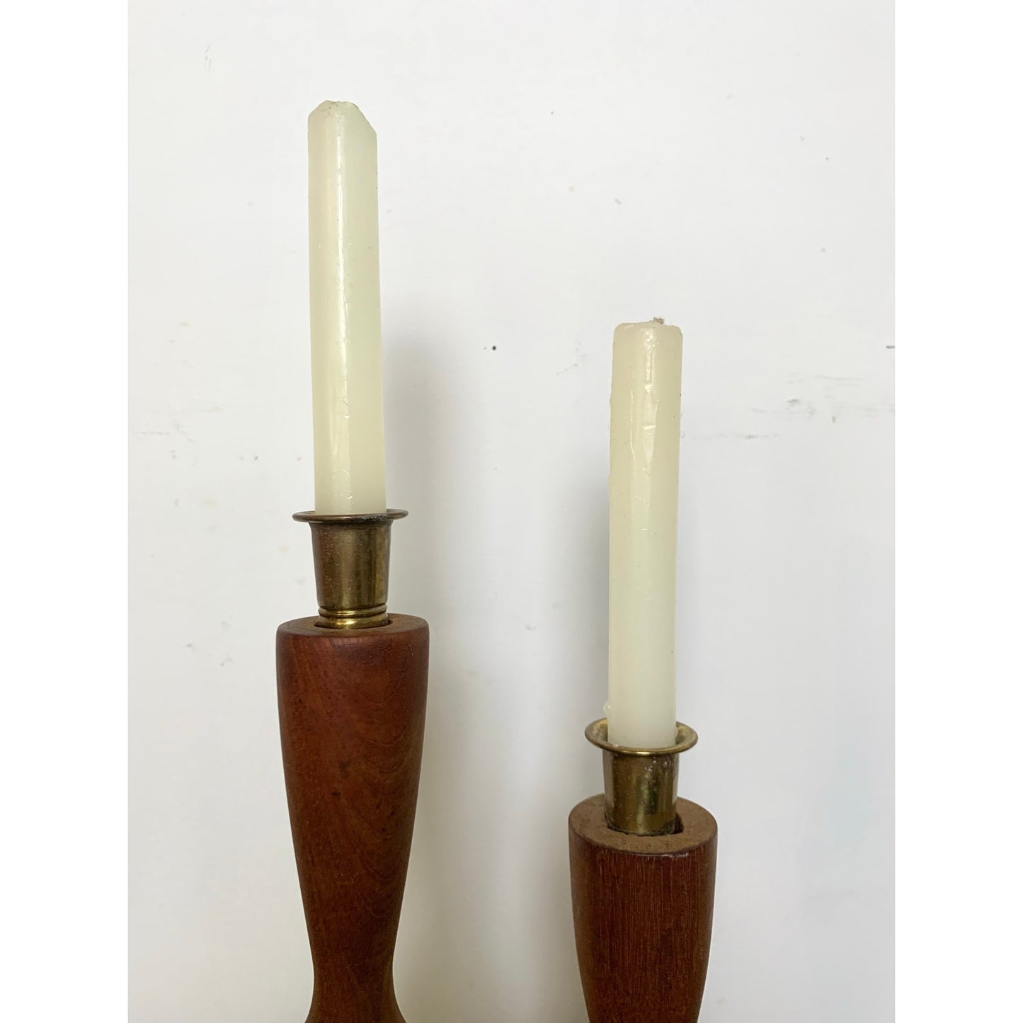 Pair of Vintage Mid Century Modern Wood Candlesticks with Brass Holders Cottage