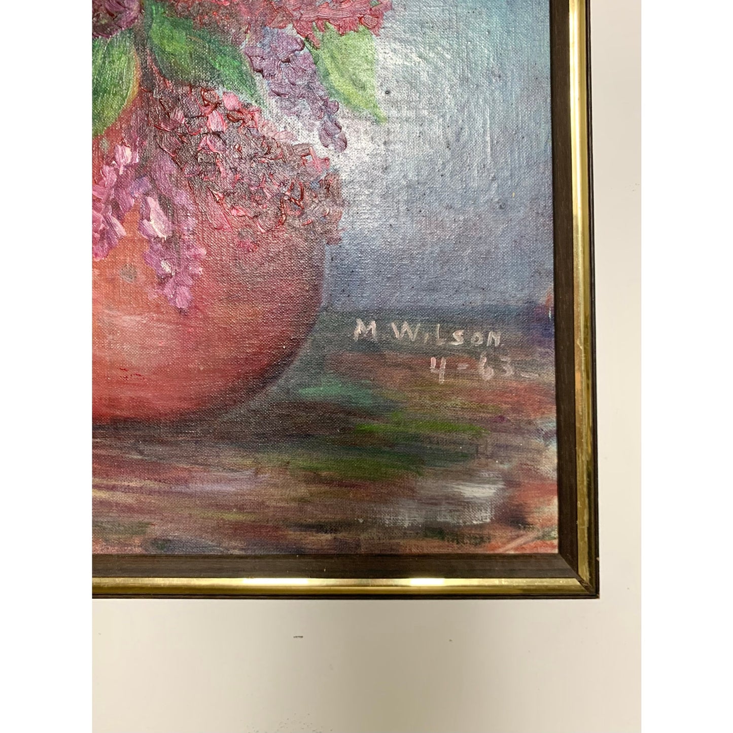 1963 Oil Painting Lilacs in Red Vase by M. Wilson Vintage Floral Still Life