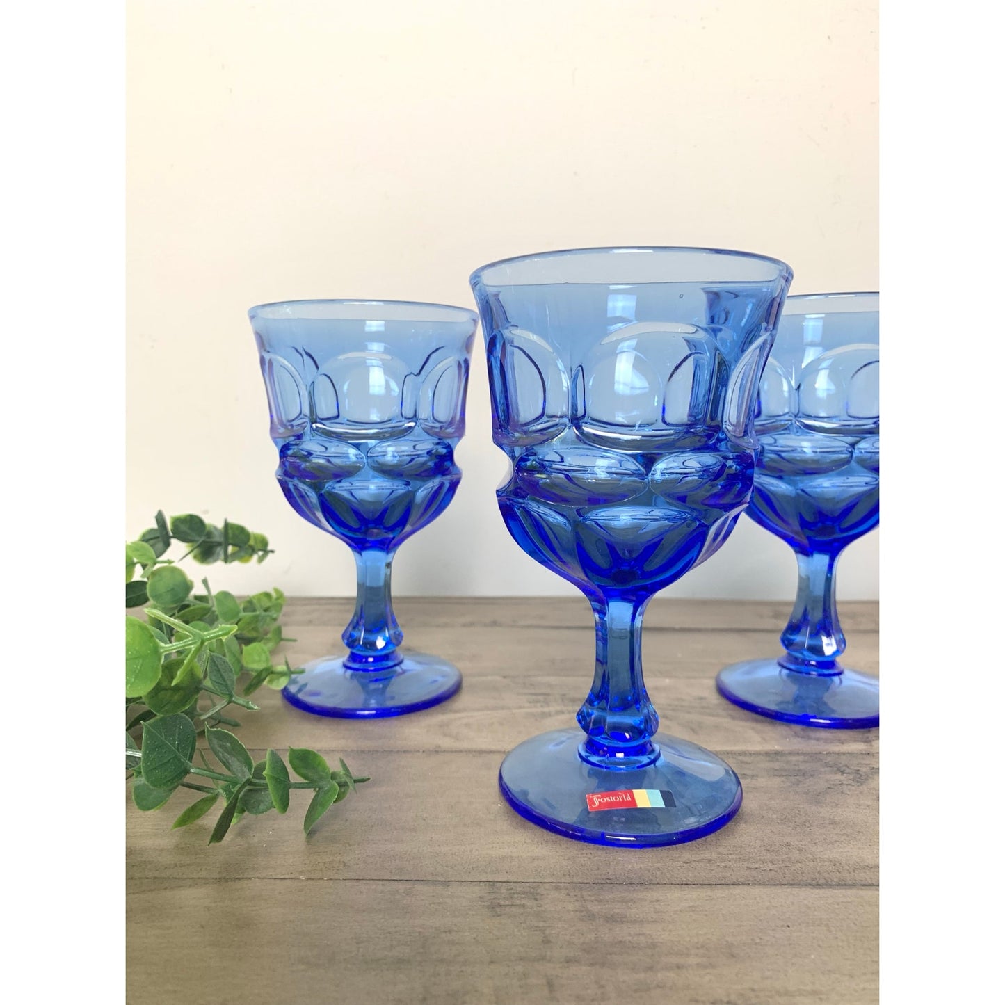 Vintage Fostoria Argus Blue Water Goblets Stem Mid Century Glassware Retro Set 4