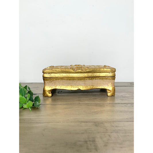 Vintage Italian Florentine Gilt Trinket Box with Feet Jewelry Holder Decorative Vanity Box Hollywood Regency