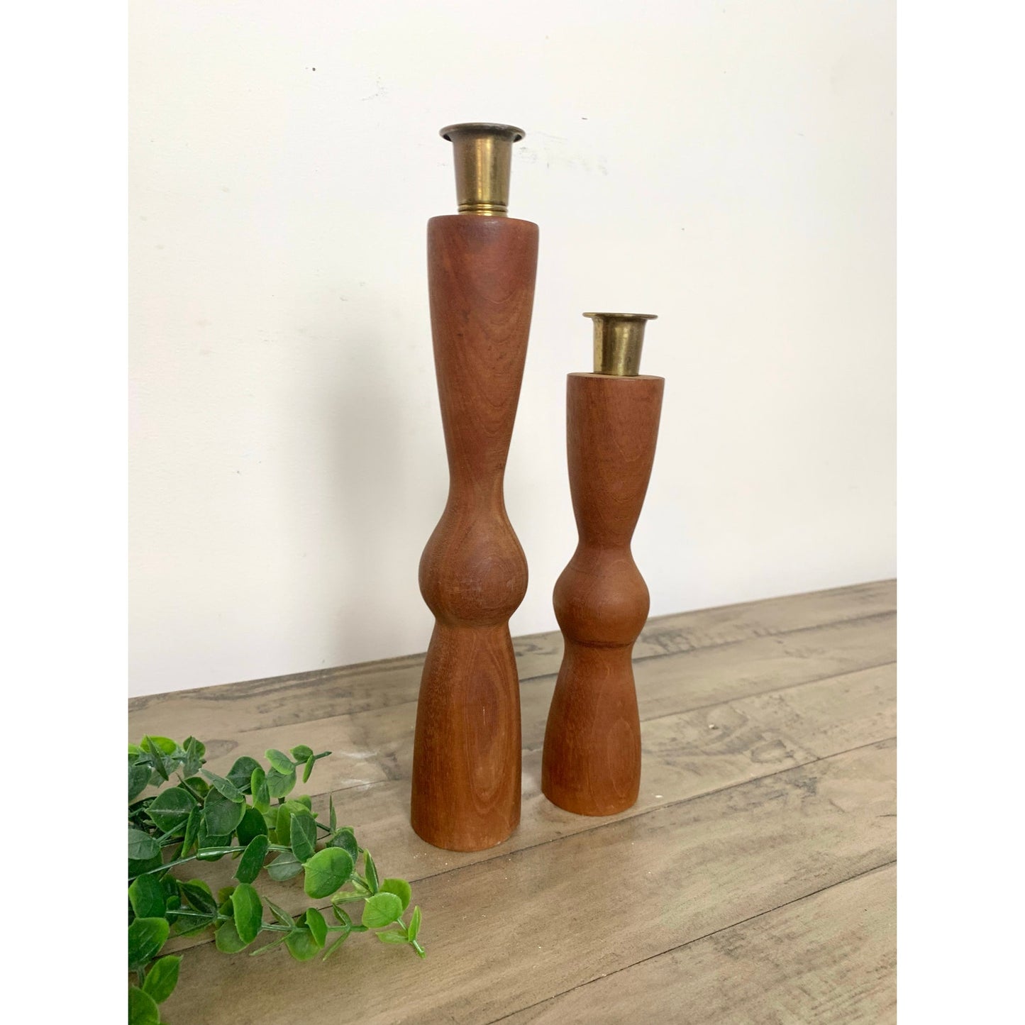Pair of Vintage Mid Century Modern Wood Candlesticks with Brass Holders Cottage