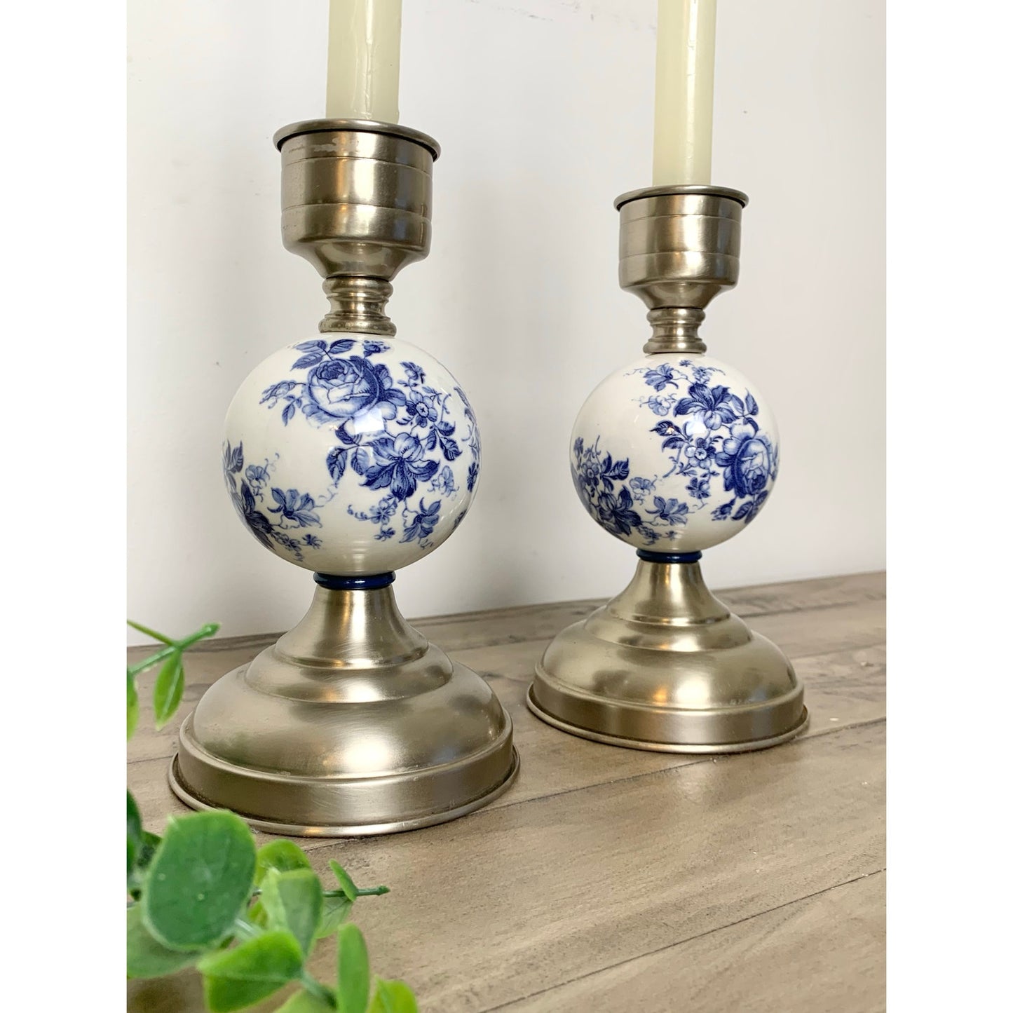 Vintage Blue & White Floral Porcelain and Pewter Candlestick Holders Set of 2