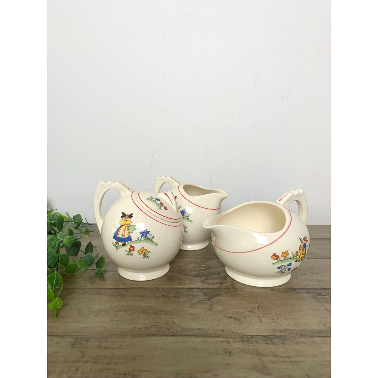 Vintage Crooksville China Co 3pc Creamer & Sugar Set Hand Painted Dutch Children