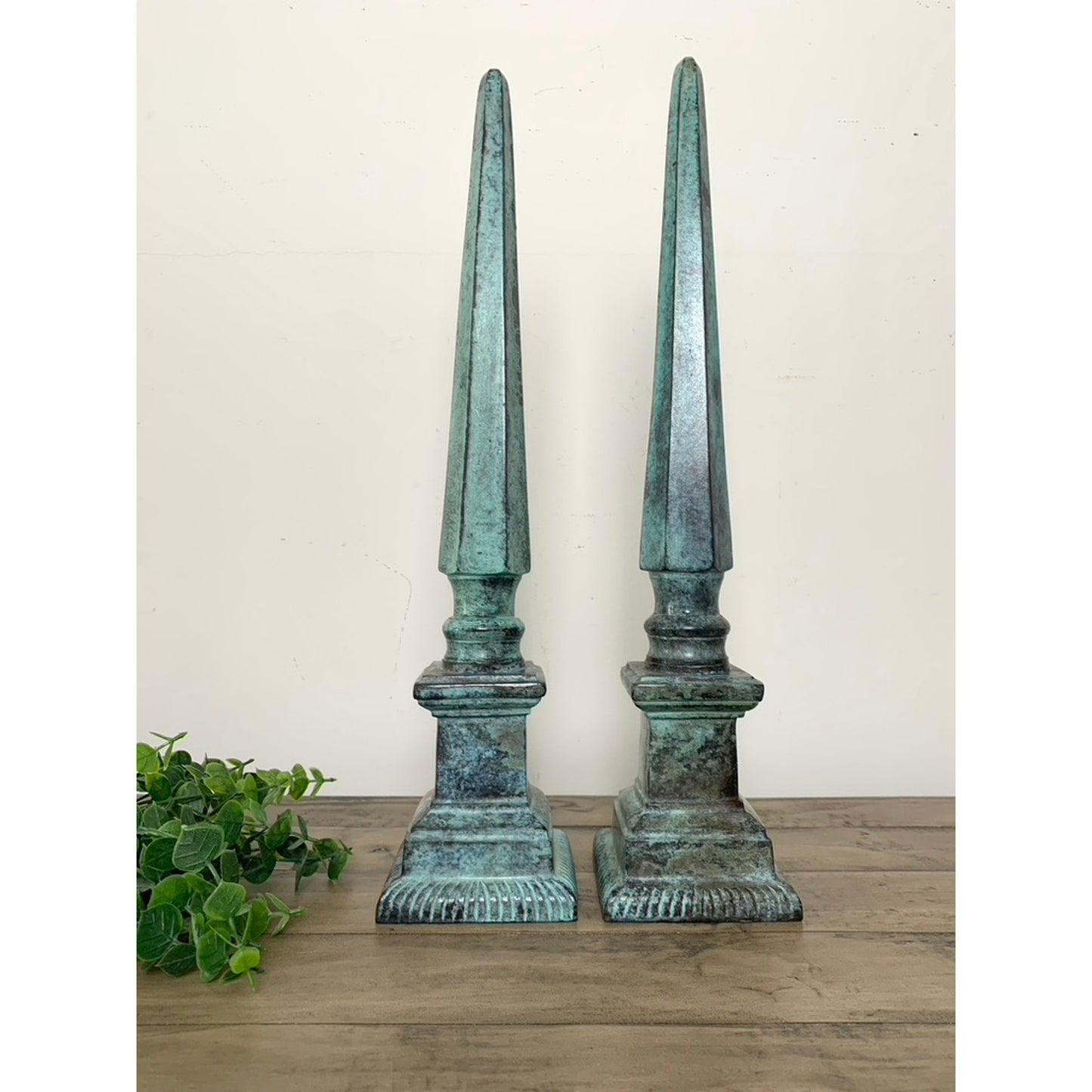 Verdigris Tall Metal Obelisk Finial Sculptures Pair Old Money Distressed 18.25 H