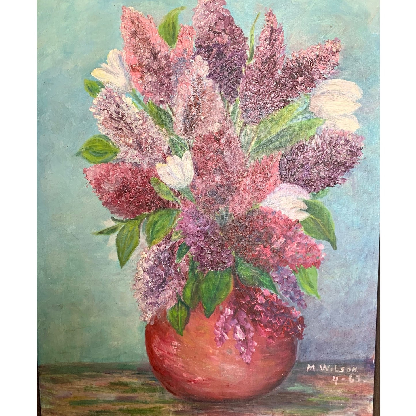 1963 Oil Painting Lilacs in Red Vase by M. Wilson Vintage Floral Still Life