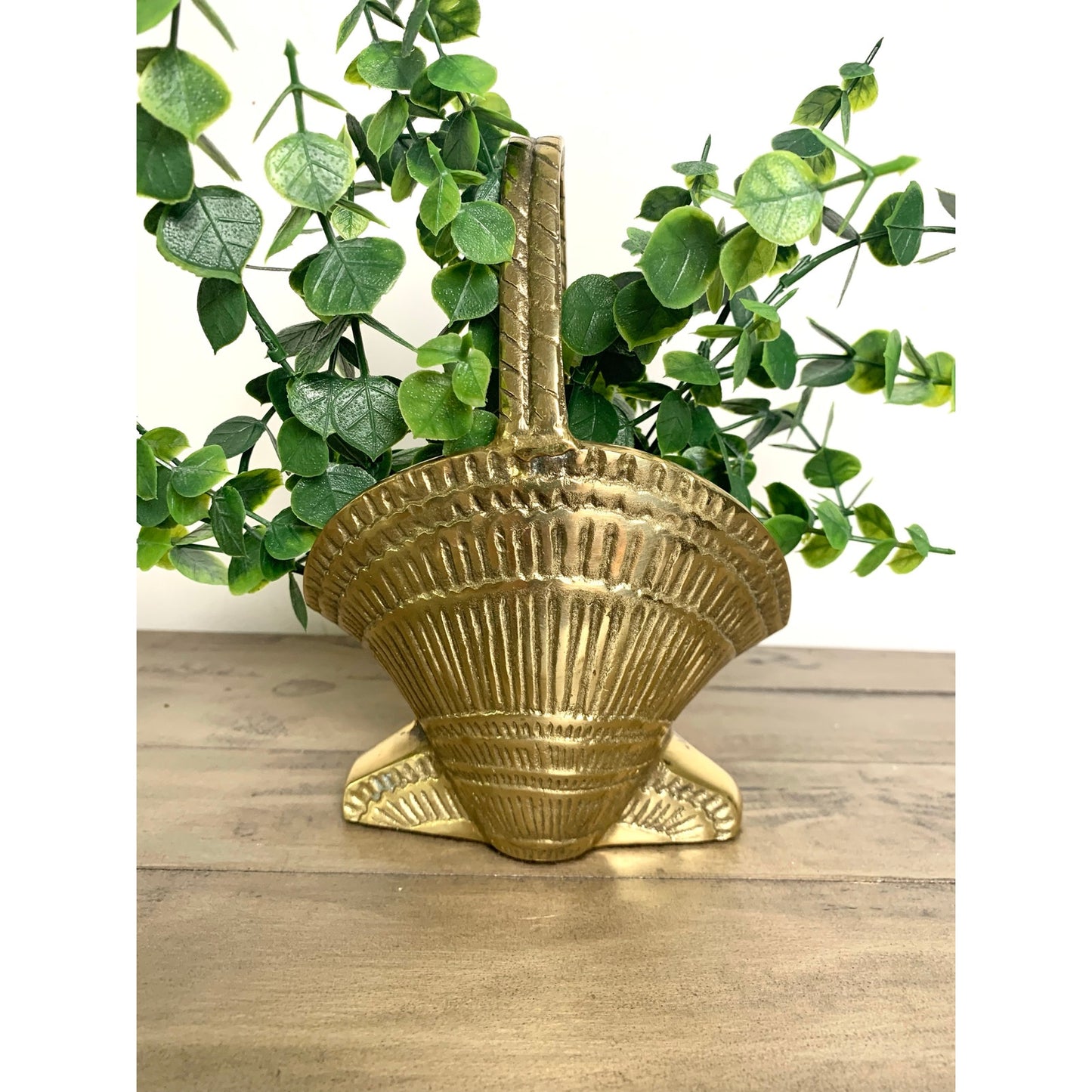 Vintage Solid Brass Seashell Basket Planter with Handle Heavy Coastal Nautical