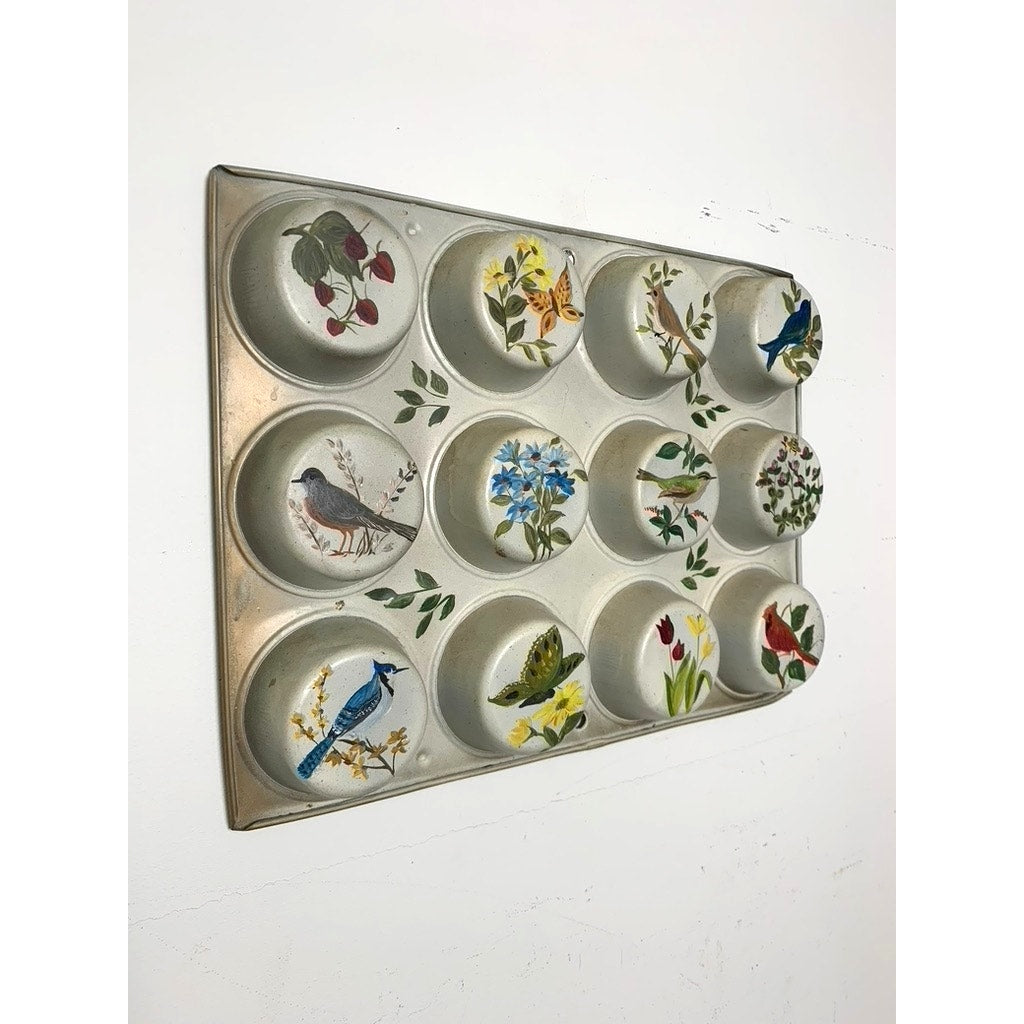 Vintage Hand Painted Cupcake Tin Wall Art, Signed 1977, Botanical and Bird Scenes