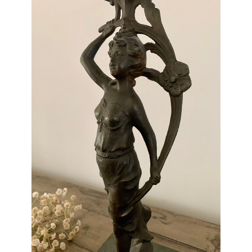 Antique Art Nouveau Bronze Lady Figure Candelabra Statue Romantic Dark Old Money