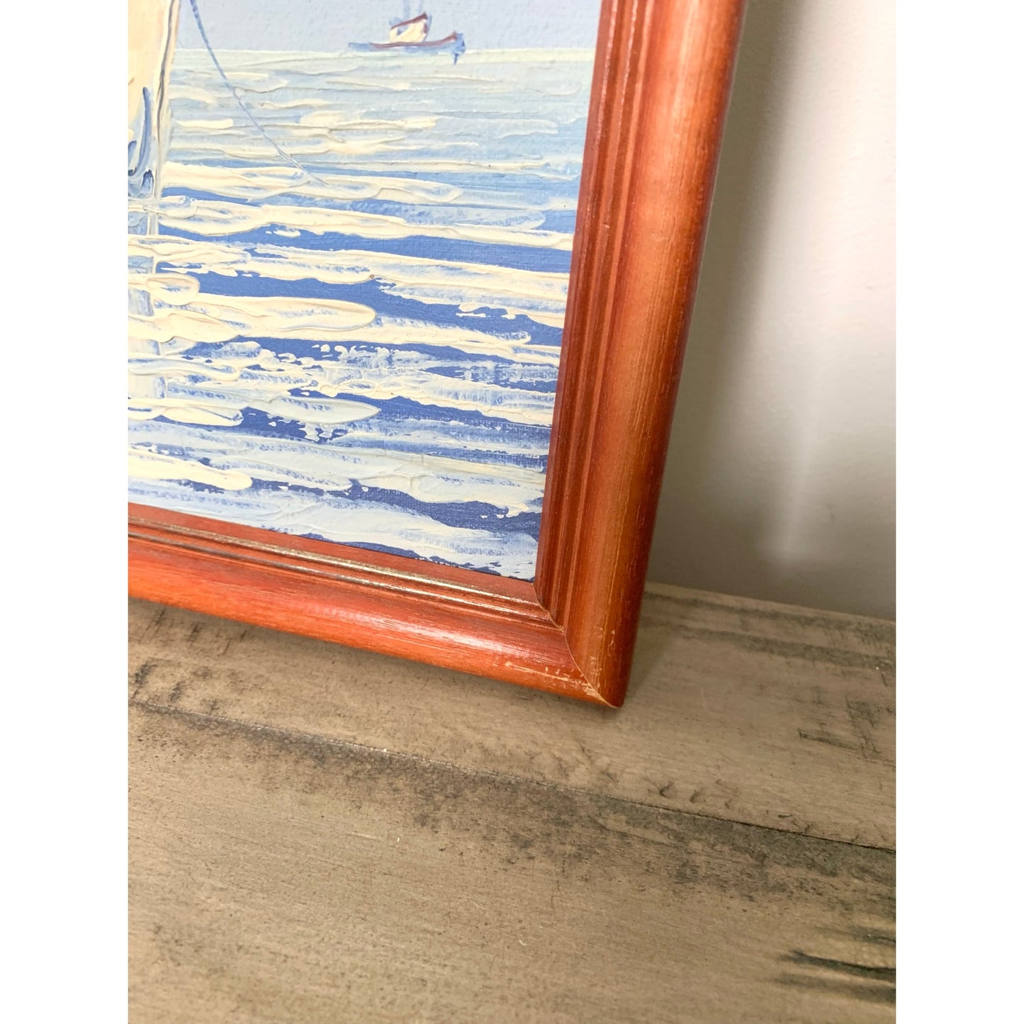Vintage Oil Painting on Canvas Nautical Art Harbor with Boats Signed Seascape